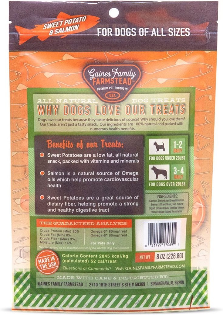 Gaines Family Farmstead Sweet Potato and Salmon Fillets Grain-Free Dog Treats， 8-oz bag