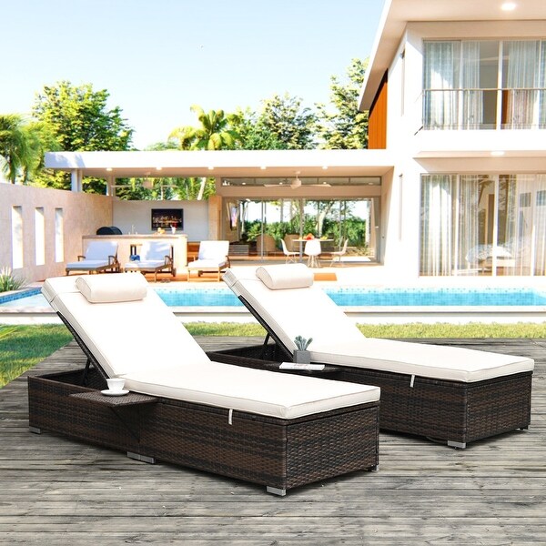 Wicker Chaise Lounge Outdoor Set of 2 with Cup Holder and Cushions