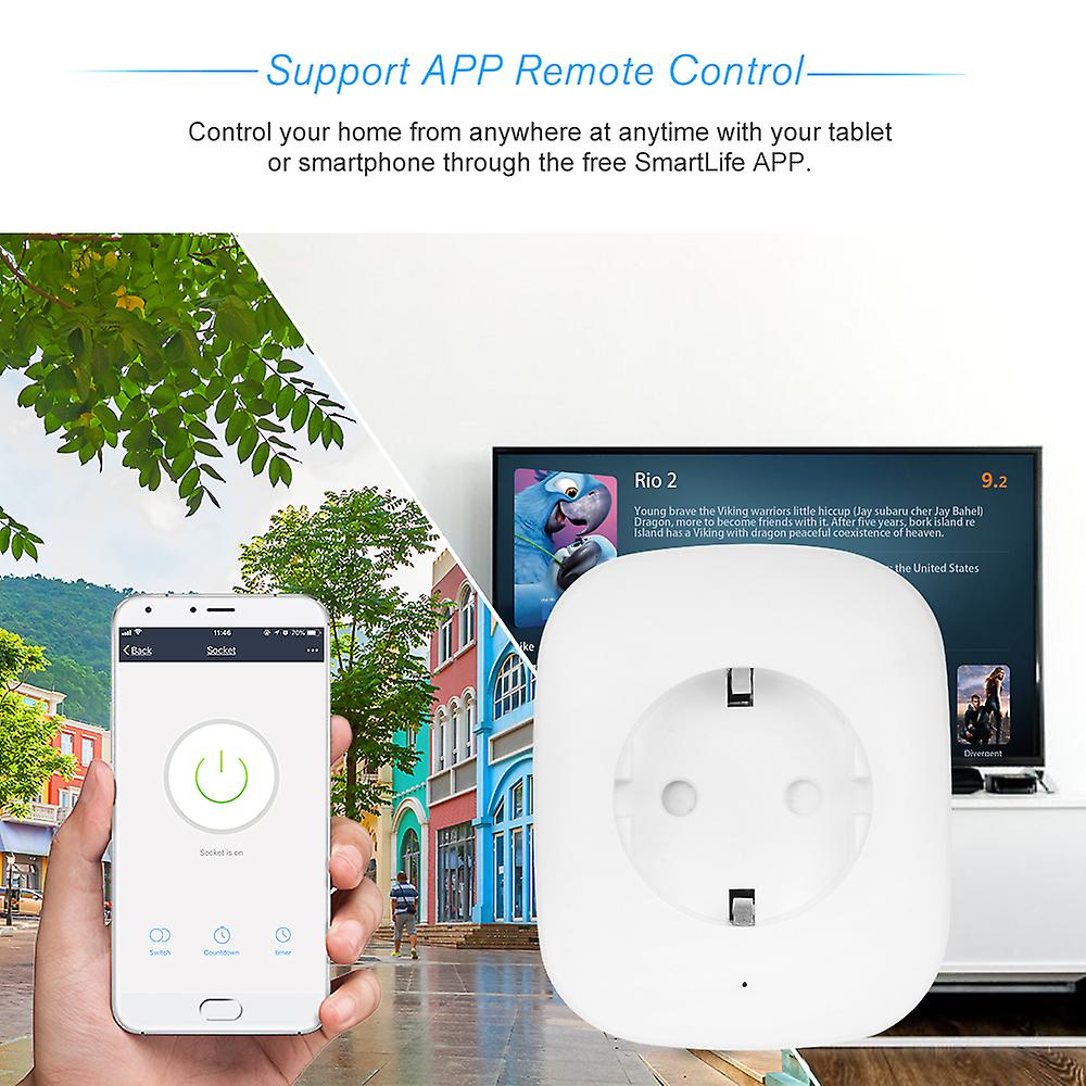 White Eu Plug Mini Smart Wifi Socket Eu Type F Remote Control By Smart Phone From Anywhere Timing Function， Voice Control For Amazon Alexa And For Goo