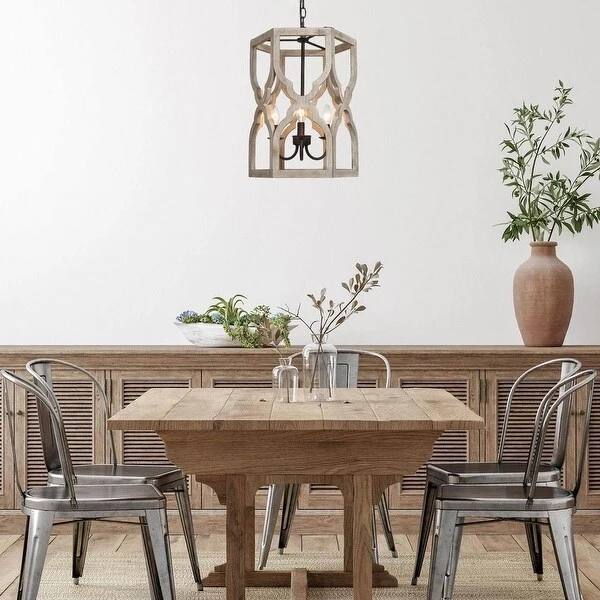 Modern Farmhouse 3-Light Wood Chandelier French Country Cylinder Island Light for Dining Room - D 14
