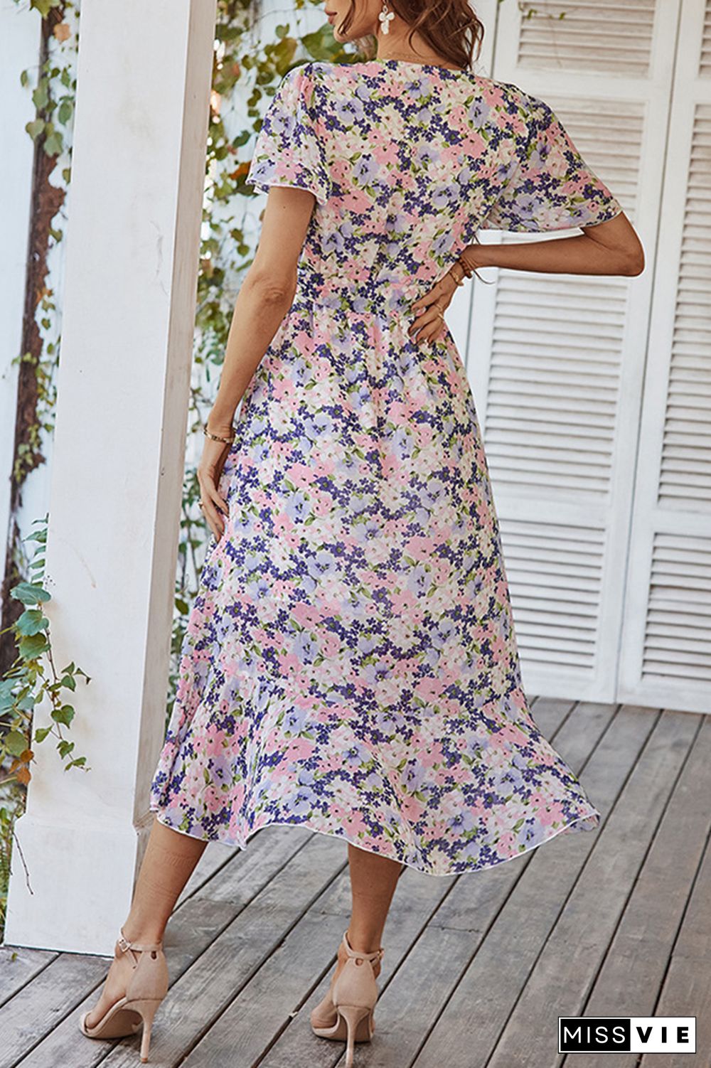 Floral Print V-neck Tie Waist Dress Wholesale