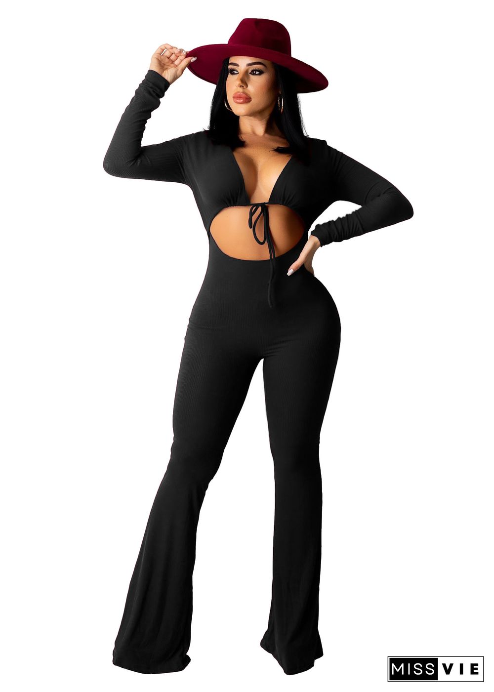 Ribbed Cropped Stretch Pit Strip Long-sleeved Flared Jumpsuit