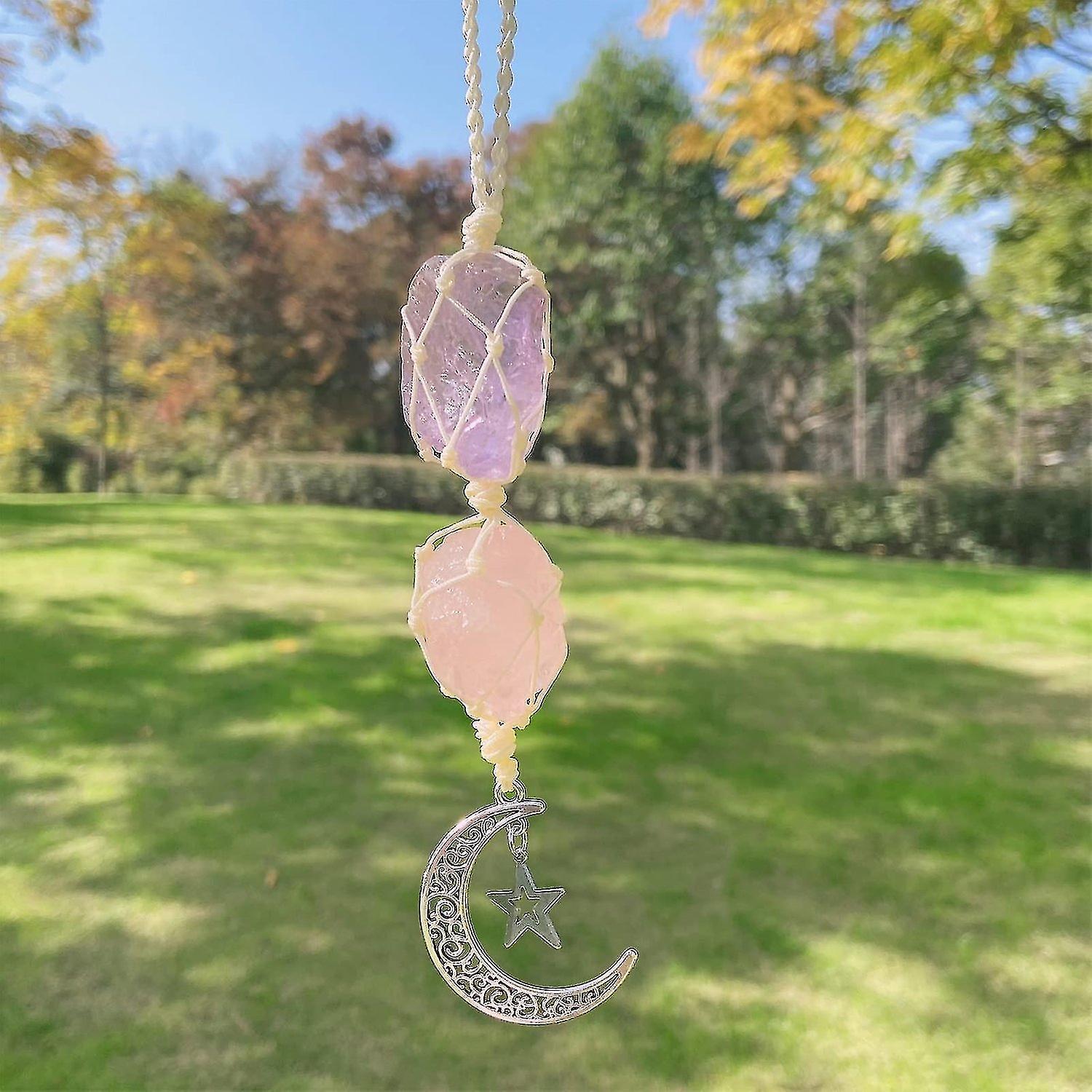 Crystal Car Hanging Ornament， Hanging Car Charm - Rose Quartz， Amethyst - Dangling Moon， Healing Cry