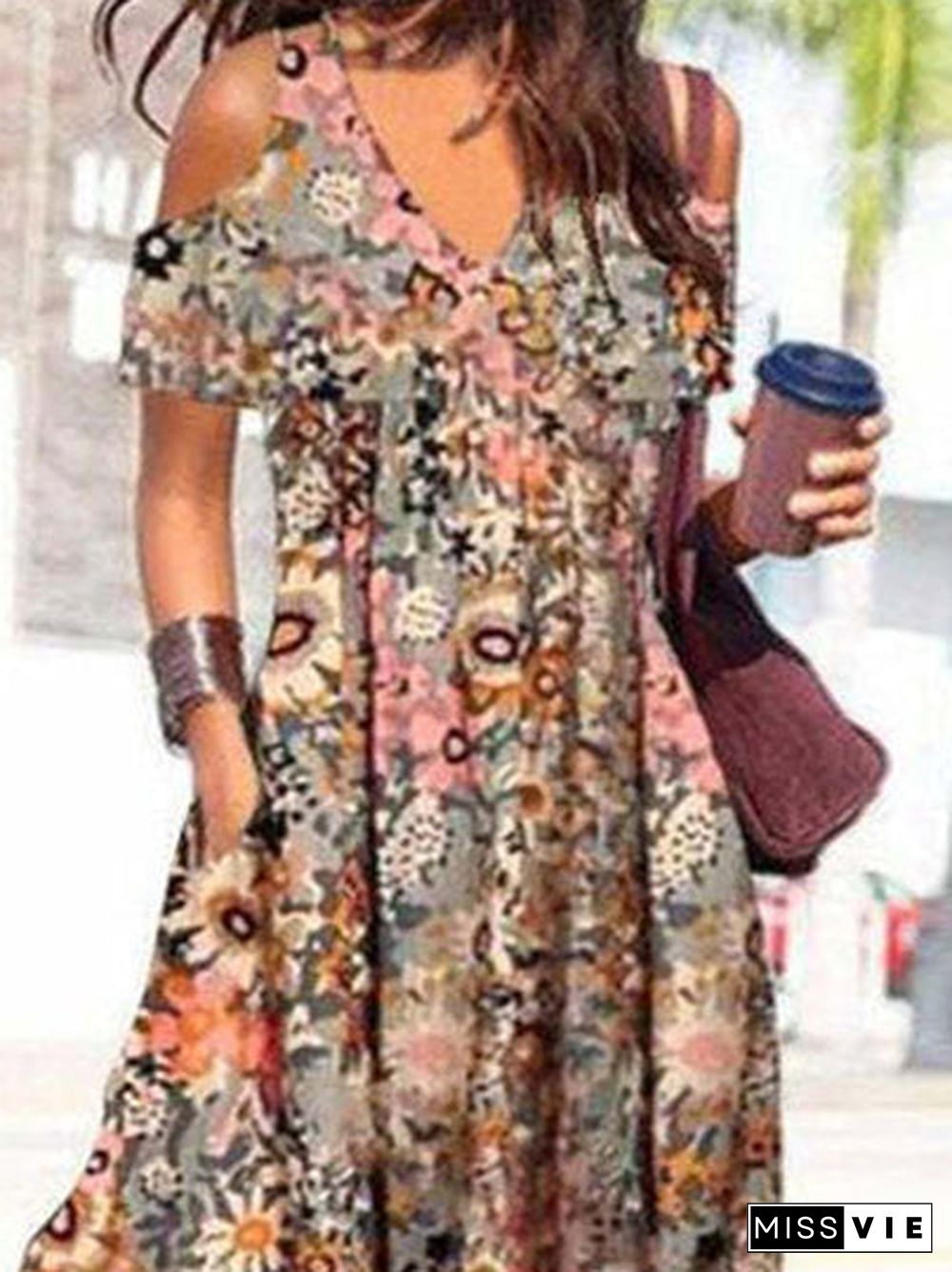 Women Short Sleeve Cold Shoulder V-neck Floral Printed Maxi Dress