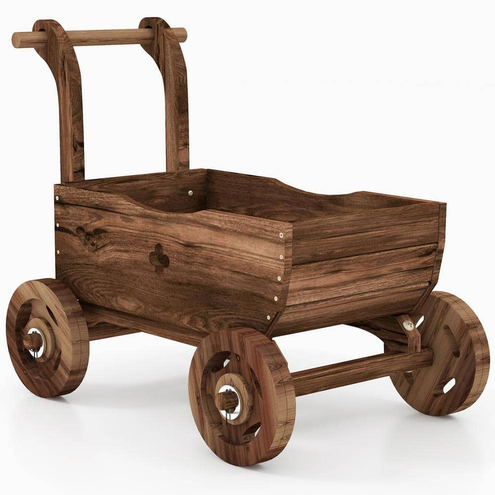 HONEY JOY Wooden Wagon Planter Box Decorative Garden Planter with Wheels Handle Drain Hole Rustic Wooden Flower Planter TOPB006816