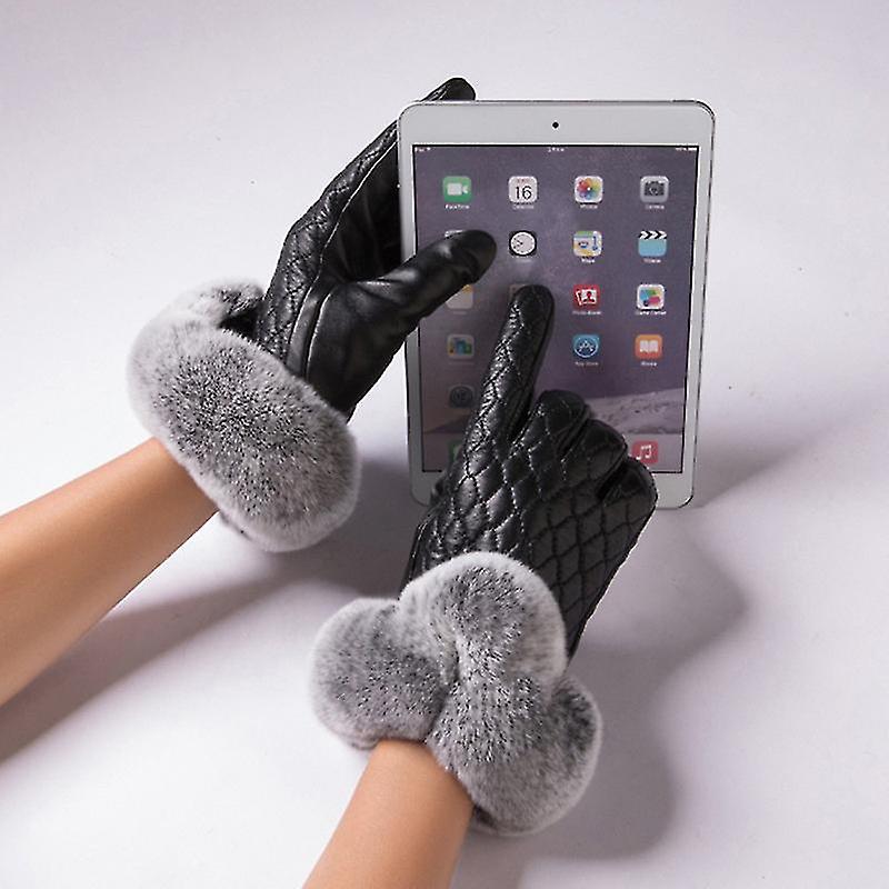 Women Warm Plushed Genuine Sheepskin Gloves Winter Gloves Touchscreen Fleece Lined Mittens With Rabbit Fur Cuffs