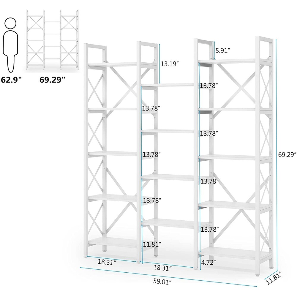 Triple Wide 5 Shelf Bookcase  Etagere Large Open Bookshelf Vintage Industrial Style Shelves Wood and Metal bookcases