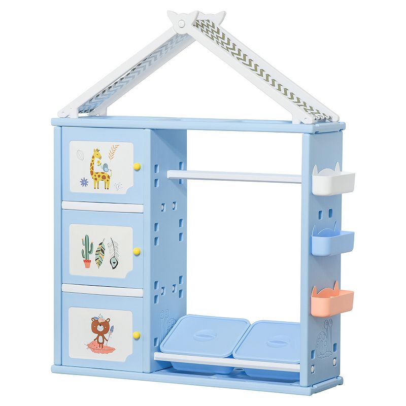 Qaba Kids Toy Storage Organizer with 2 Bins Coat Hanger Bookshelf and Toy Collection Shelves Orange