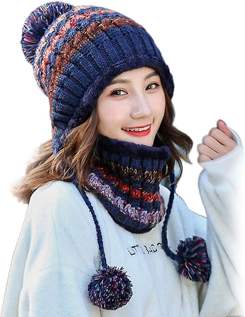 Women Winter Beanie Hat Peruvian Circle Scarf Set Ski Ear Flaps Caps Dual Layered Fleece Lined Pompoms A1-m8771-navy -