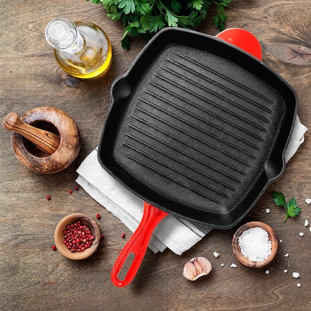 Nutrichef 11 Inch Square Nonstick Cast Iron Skillet Griddle Grill Pan With Porcelain Enamel Coating Side Pour Spouts And Ridged Interior Red