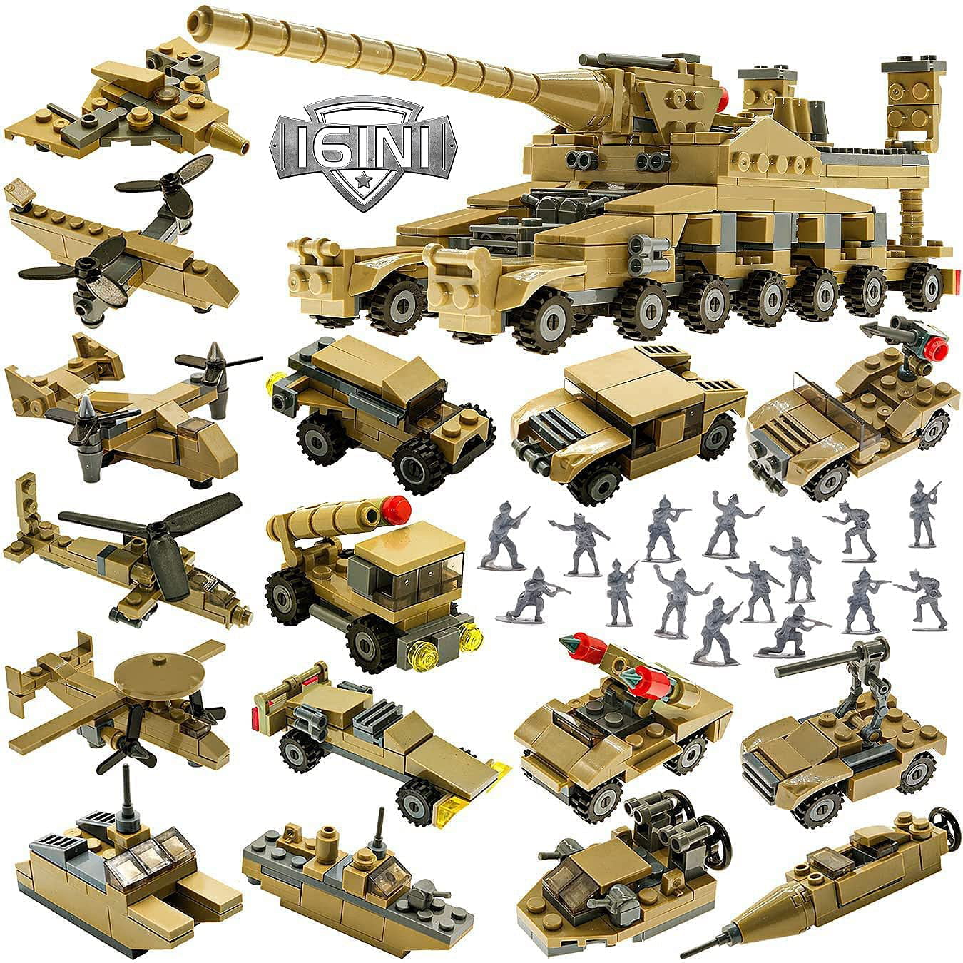 Lavinya STEM Building Toys Set， Creative Army Toys for 6 7 8 9 10 Year Old Boy Kids Gifts， with 544 PCS Military Vehicles Model Blocks Toy and 20 Little Toy Soldiers， 16 in 1 Building Bricks Army Tank