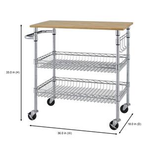 StyleWell Gatefield Chrome Metal Rolling Kitchen Microwave Cart with Natural Wood Top and Tiered Shelves (36