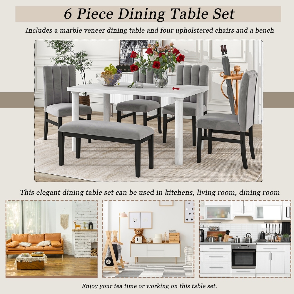 Modern 6 Piece Dining Set with Marble Veneer Table and Tufted Upholstered Dining Chairs and Upholstered Bench  for Dining Room