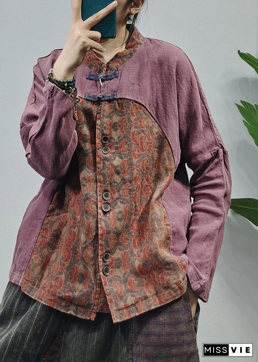 Retro Red Mandarin Collar Button Patchwork Linen Blouses Long Sleeve