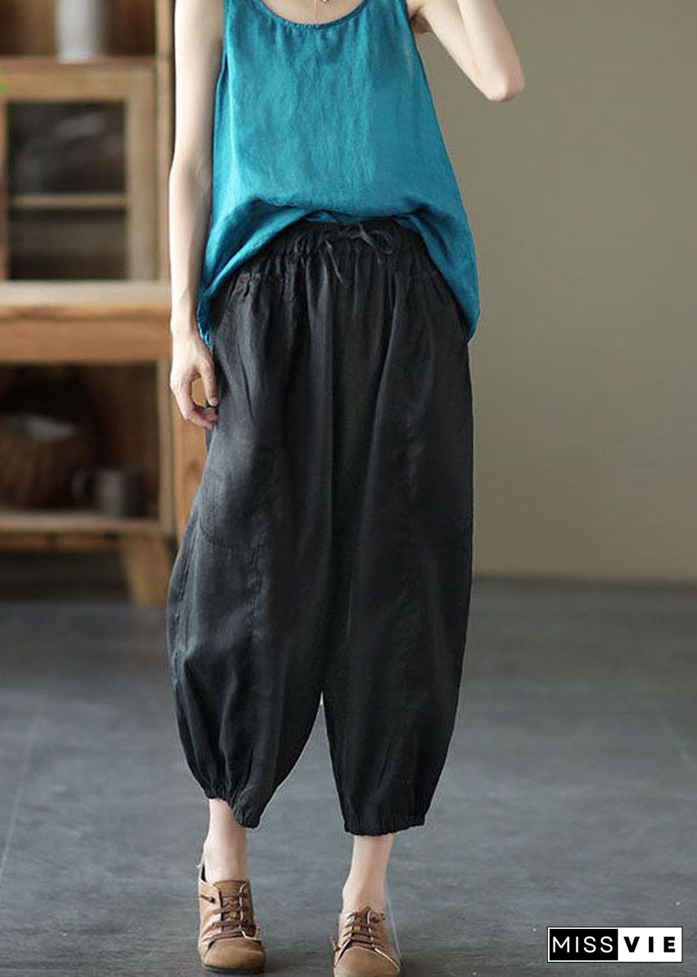 Classy Black Pockets Patchwork Linen Harem Pants Summer