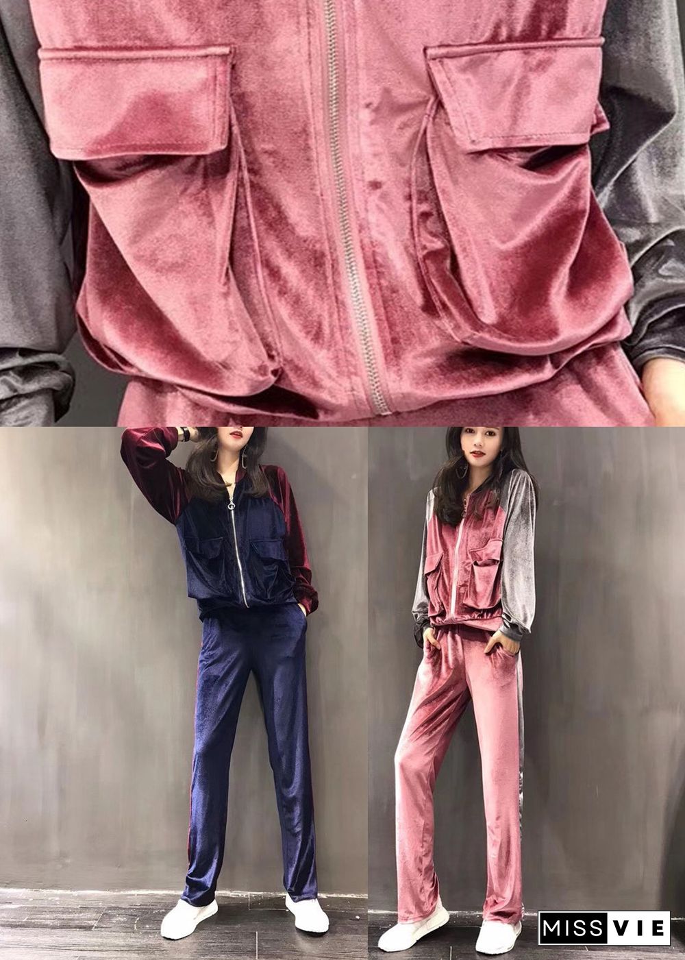 Sexy Pink Zippered Silk Velour Coats And Wide Leg Pants Two Pieces Set Long Sleeve