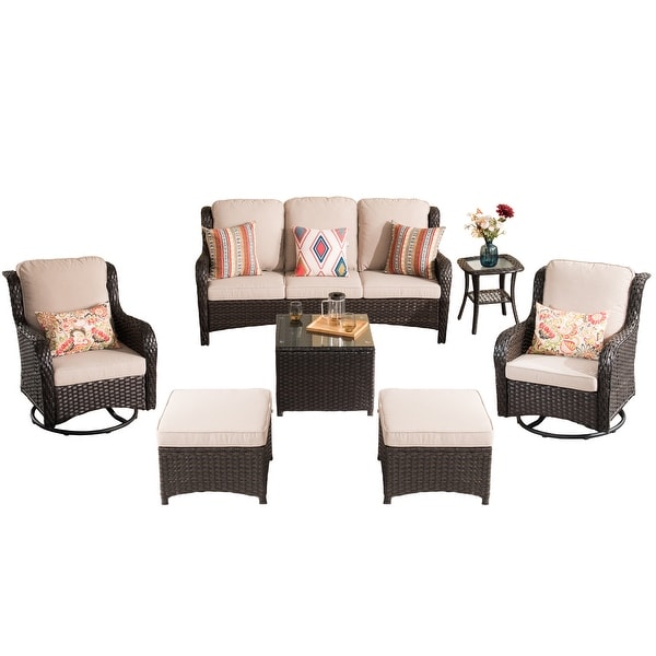 OVIOS 7piece Patio Furniture Rocking Swivel Wicker Chair Set