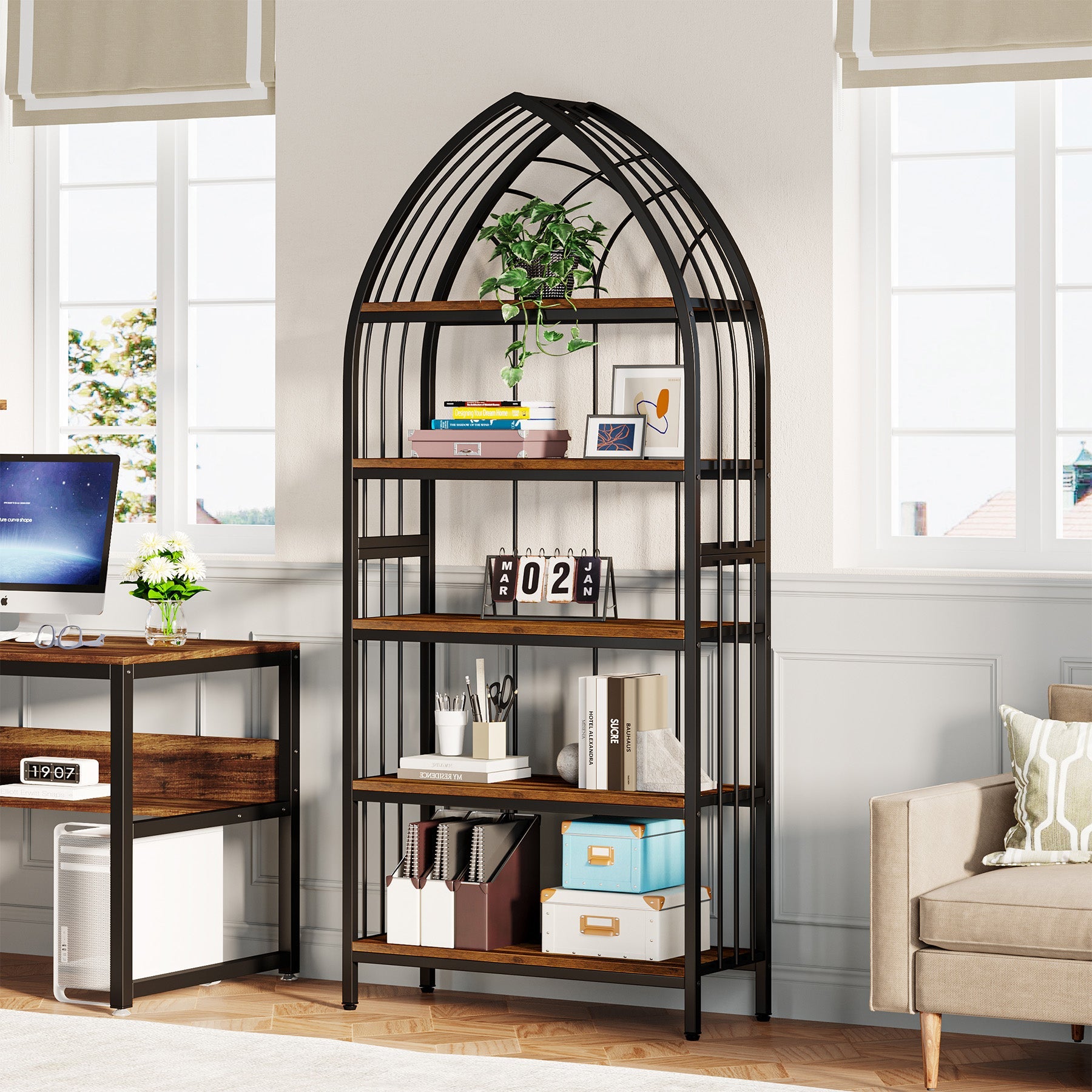 5-Tier Bookshelf, 74.8 Industrial Curved Bookcase Freestanding Display Shelf