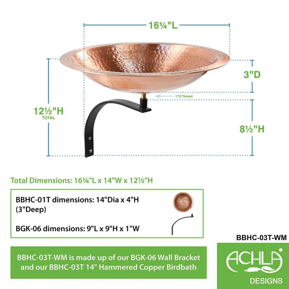 ACHLA DESIGNS 16 in. W Round Satin Hammered Solid Copper Birdbath Bowl with Black Wrought Iron Wall Mount Bracket BBHC-03T-WM