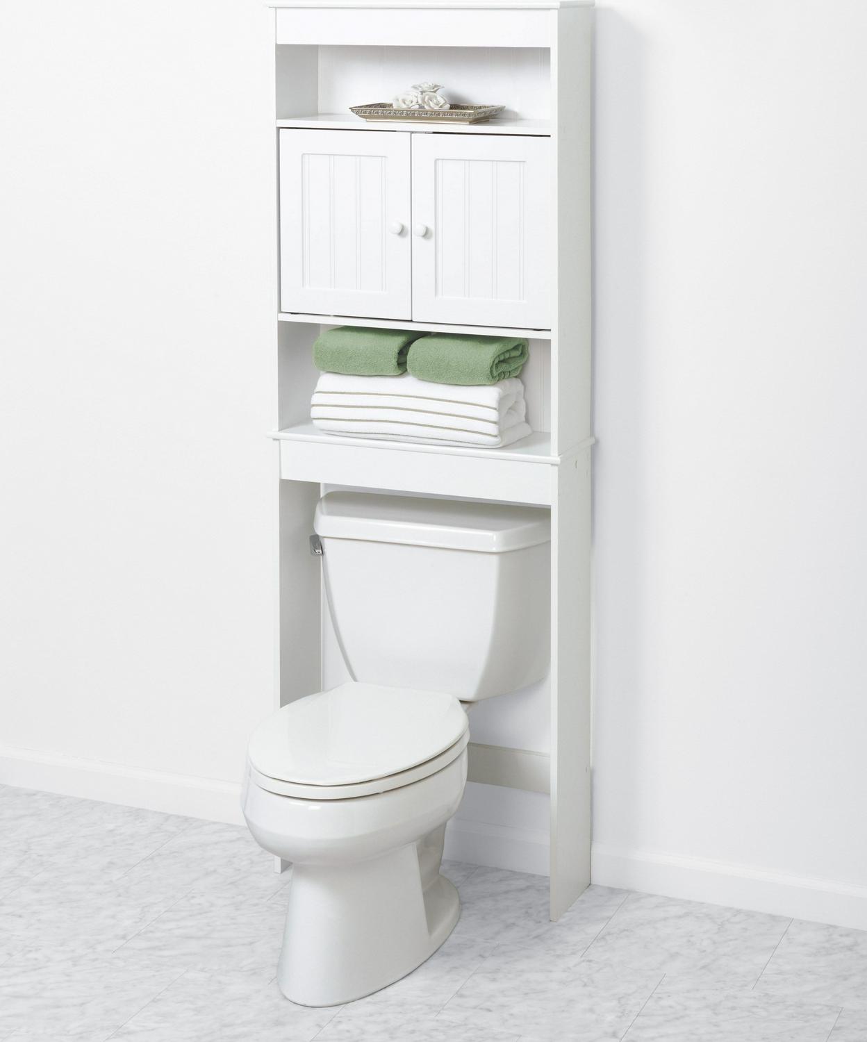 White Bathroom Spacesaver with Cabinet and 3 Shelves， Zenna Home Country Cottage over-the-Toilet