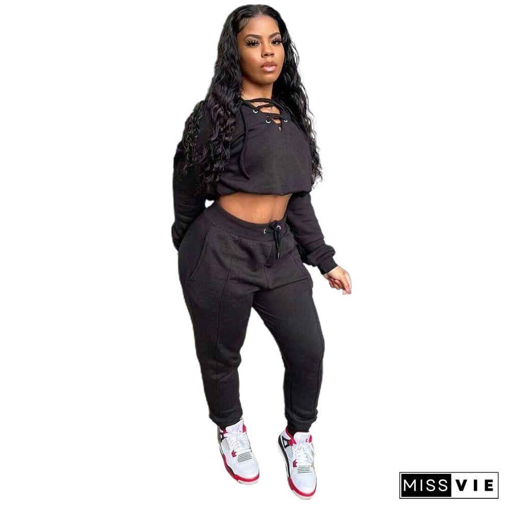 Long Sleeve Bandage Crop Top Sweatpants Set