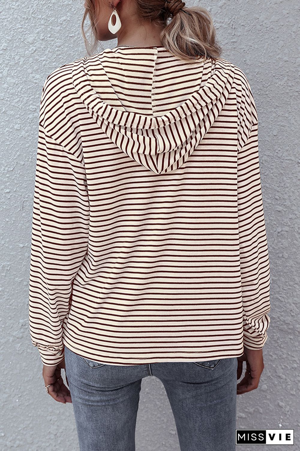 Stripes V Neck Front Pocket Drawstring Hoodies Wholesale