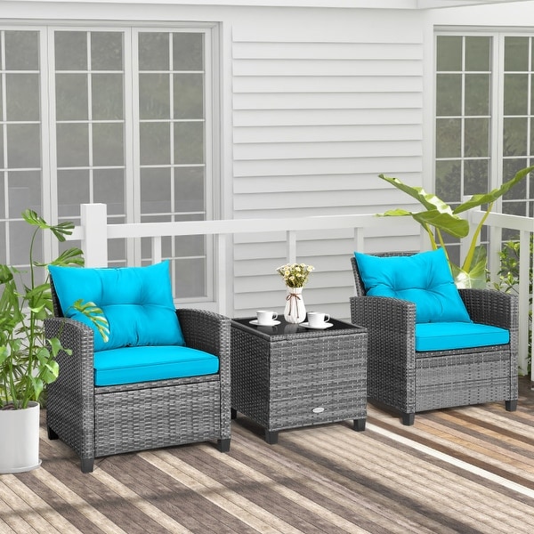 3Piece Outdoor Wicker Patio Furniture Set with Tempered Glass Coffee Table