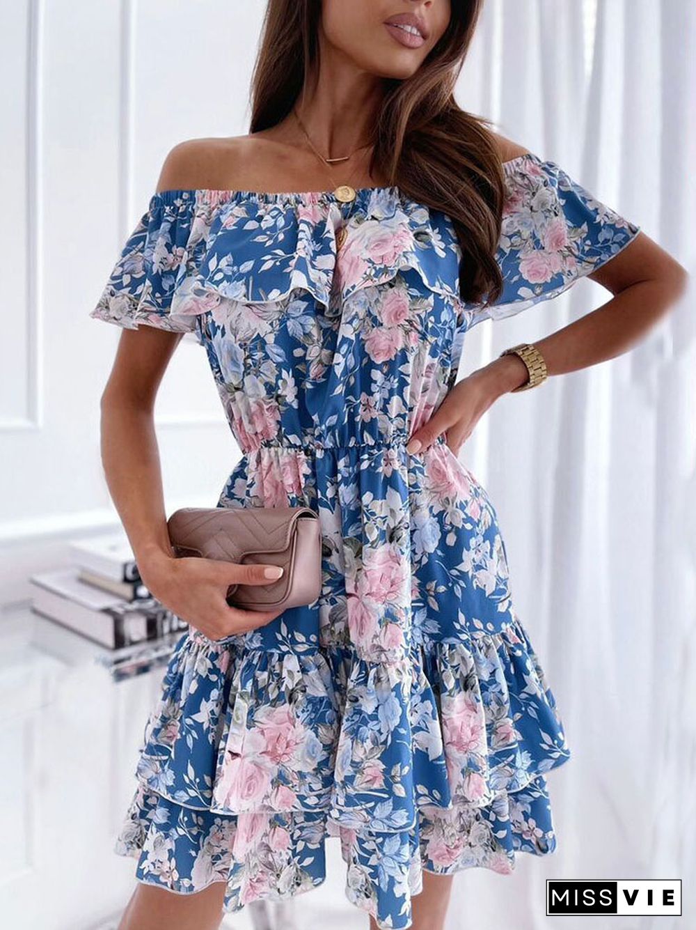 Casual Fashion Pink Slash Neck Mini Dress Women Summer Sexy Off-shoulder Ruffle Stitching Dress Woman Elegant Party Dresses