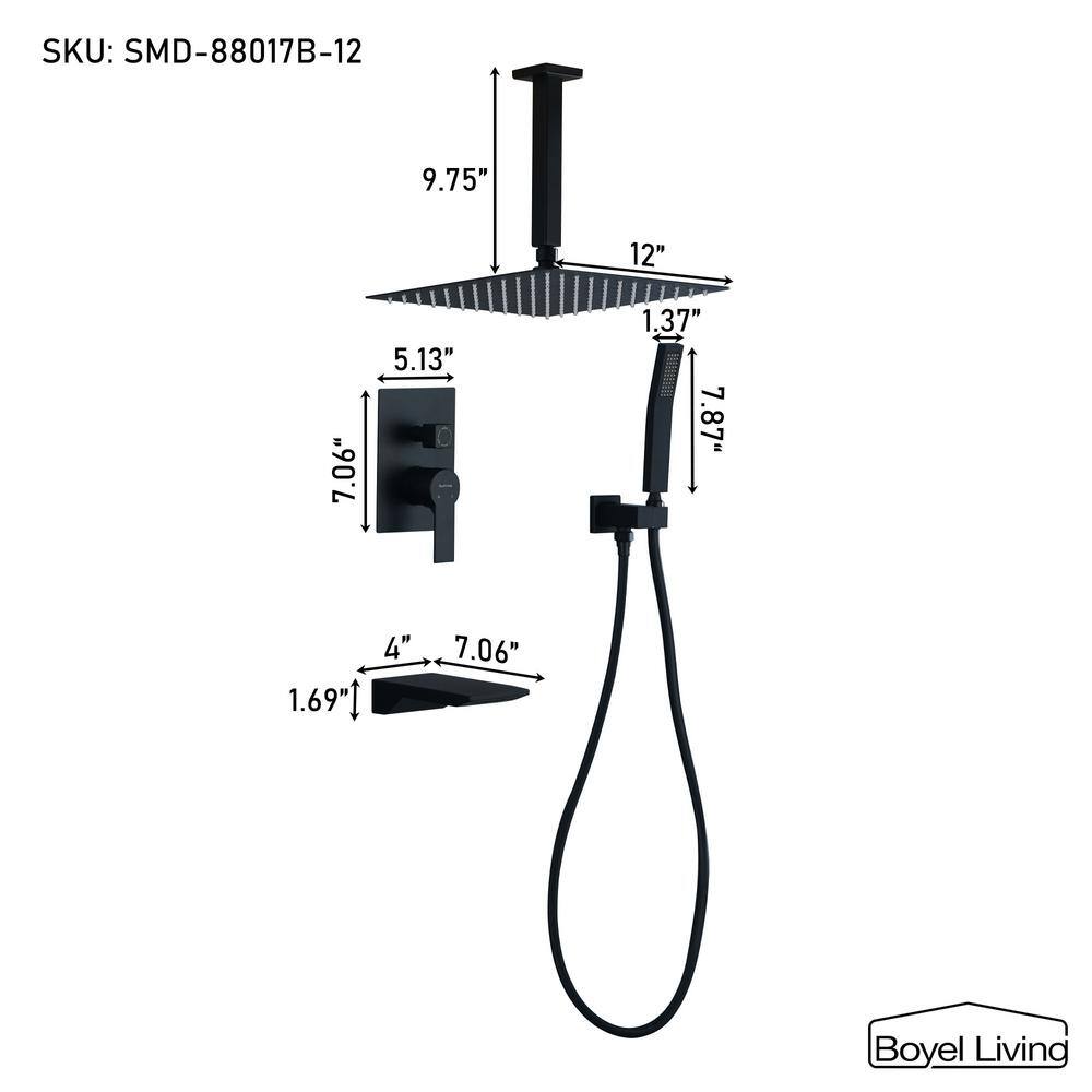 Boyel Living Ceiling Mount Single-Handle 1-Spray Tub and Shower Faucet with 12 in. Fixed Shower Head in Matte Black (Valve Included) SMD-88017B-12