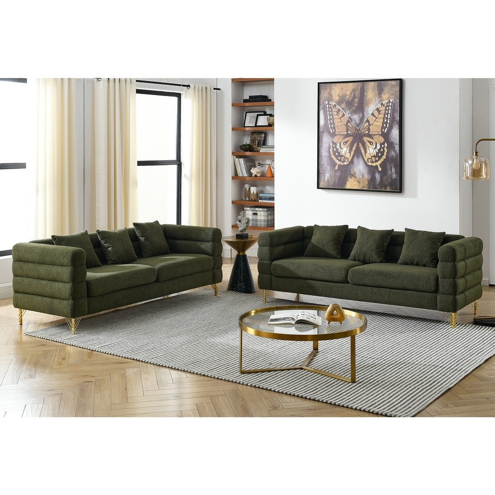 Green Teddy Upholstered Sofa Set with Pillows (2x 3 Seater)