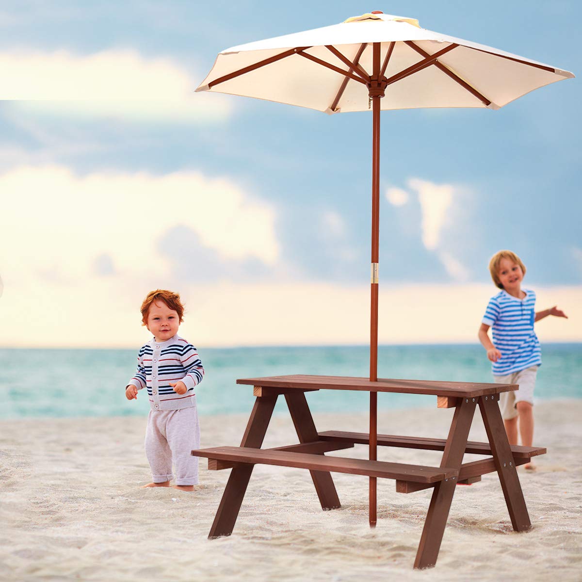 Costzon Kids Picnic Table Set, Wood Table and Bench Set with Removable & Foldable Umbrella