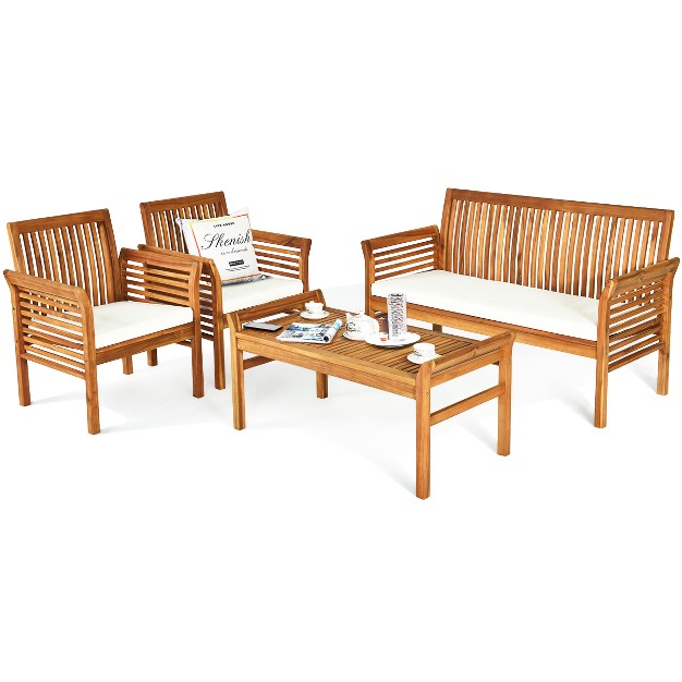 Tangkula 4 piece Patio Acacia Wood Sofa Set Conversation Table Chairs With Beige Cushions