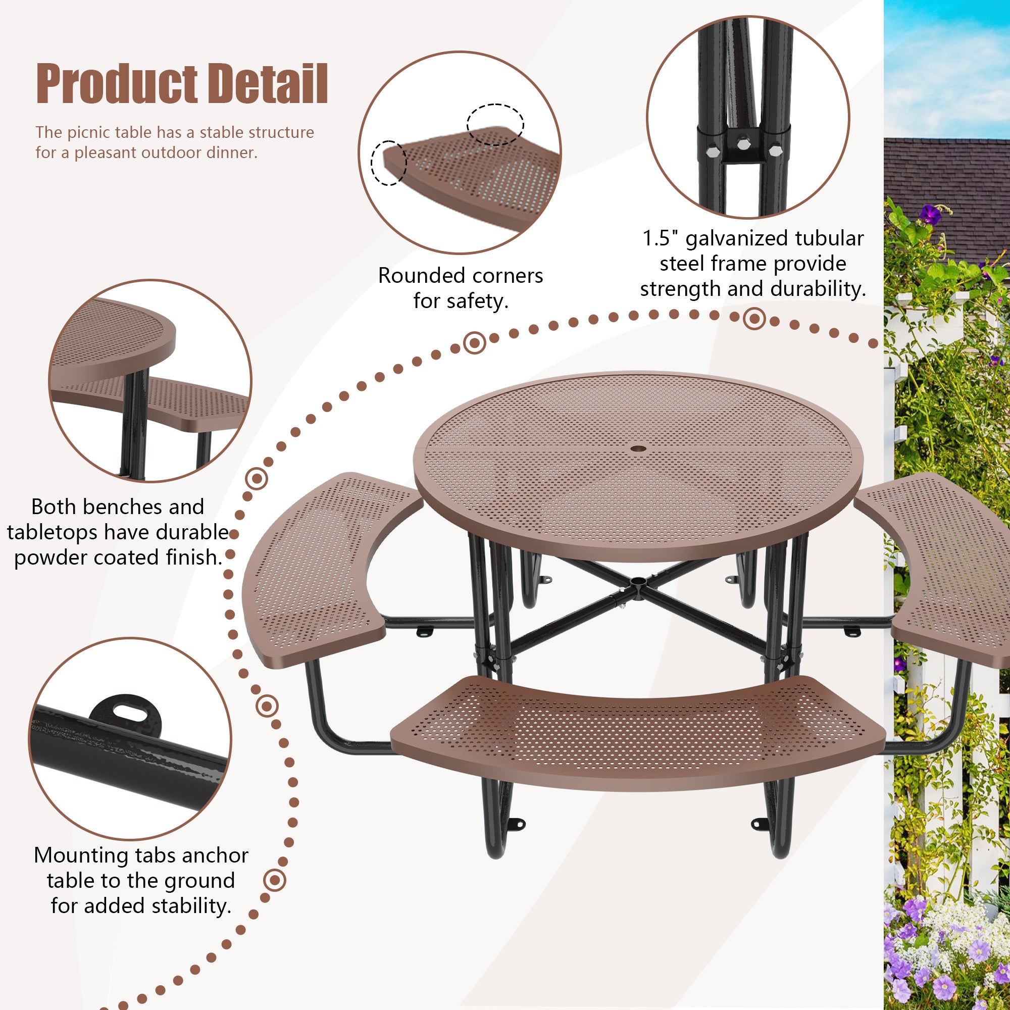 LZBEITEM 46'' Steel Round Picnic Table for Outdoors， Expanded， Lifetime Metal Picnic Table with Umbrella Hole， Heavy Duty Sturdy Commercial Picnic Tables for Garden Courtyard BBQ， Brown