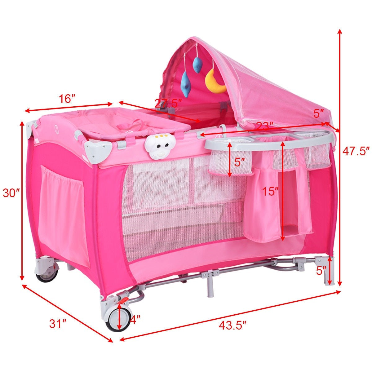 Costzon Nursery Center, 4 in 1 Pack and Play with Bassinet, Music, Detachable Mat, Awning, Mosquito Net