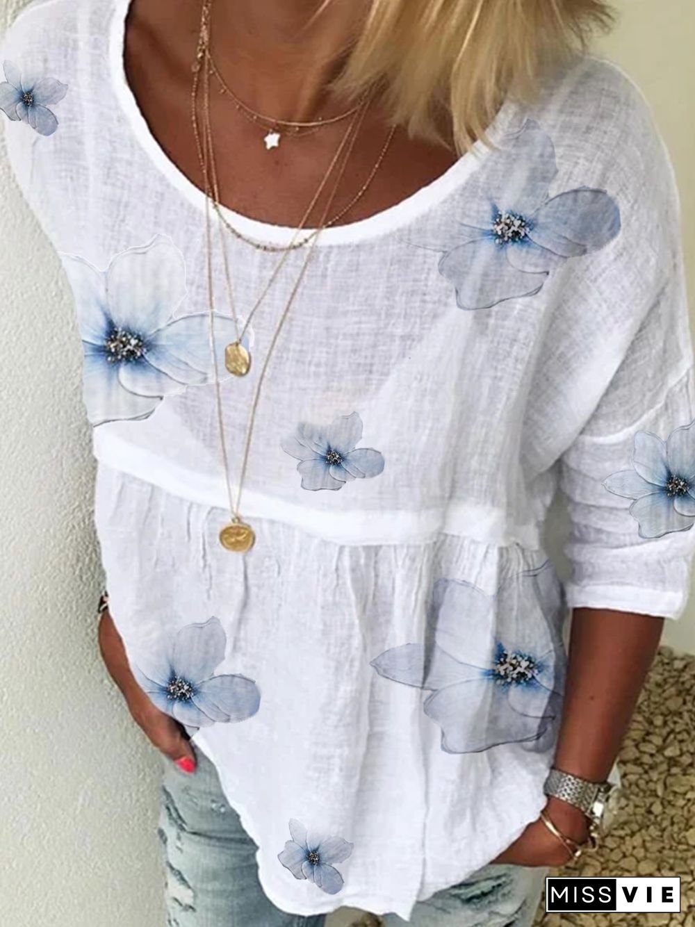 Floral Casual Cotton-Blend Crew Neck Tops