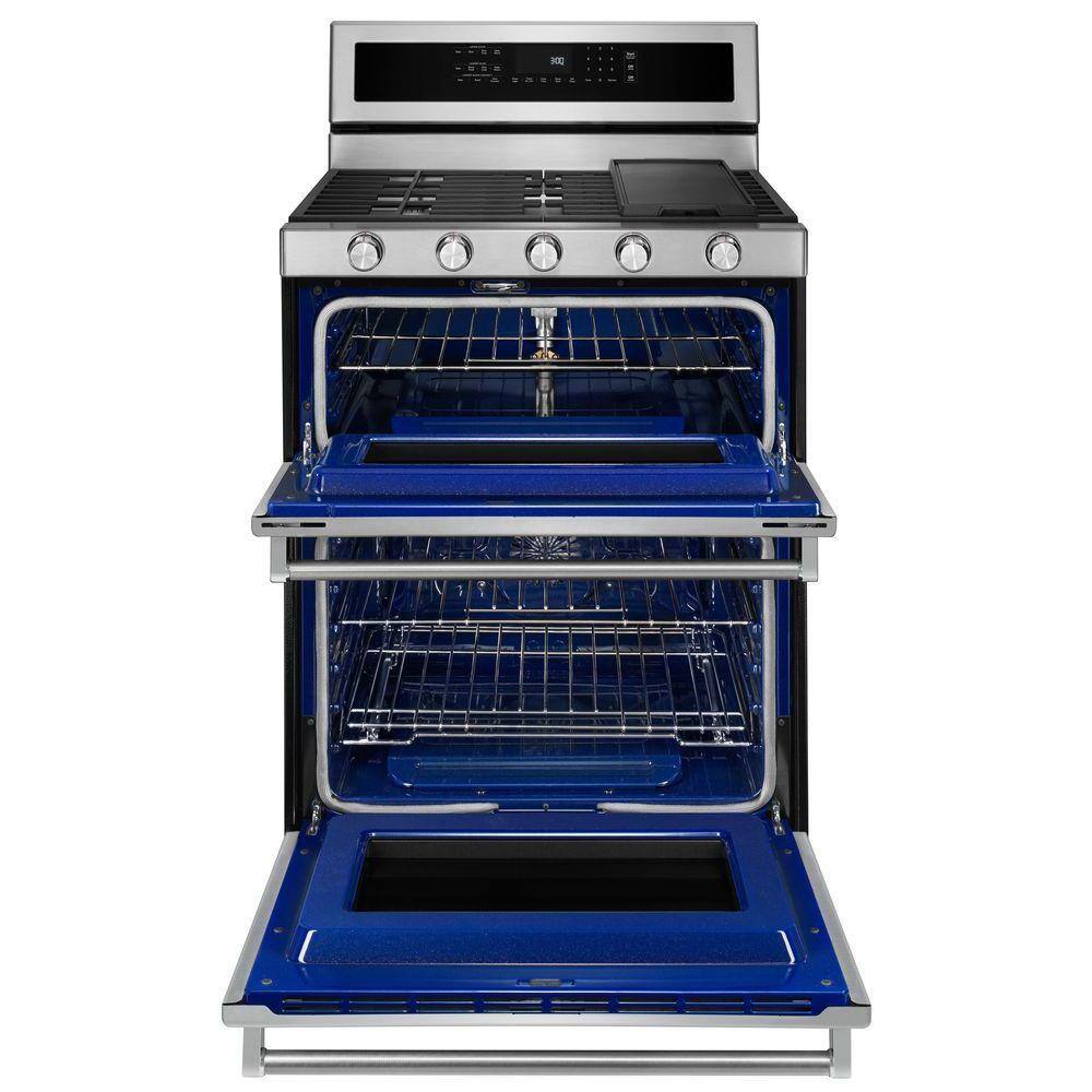 KitchenAid 6.7 cu. ft. Double Oven Dual Fuel Gas Range with Self-Cleaning Convection Oven in Stainless Steel KFDD500ESS