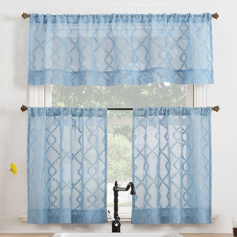 No. 918 Tina Geometric Clipped Jacquard Semi-Sheer Rod Pocket 3-piece Kitchen Curtain Valance and Tiers Set