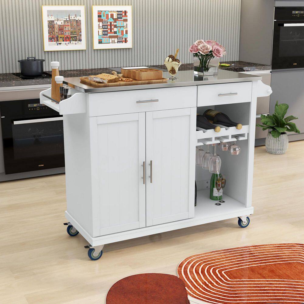 tunuo White Rolling Kitchen Island Cart with Stainless Steel Top and Wheels (51 in. W) SFWF-295114W