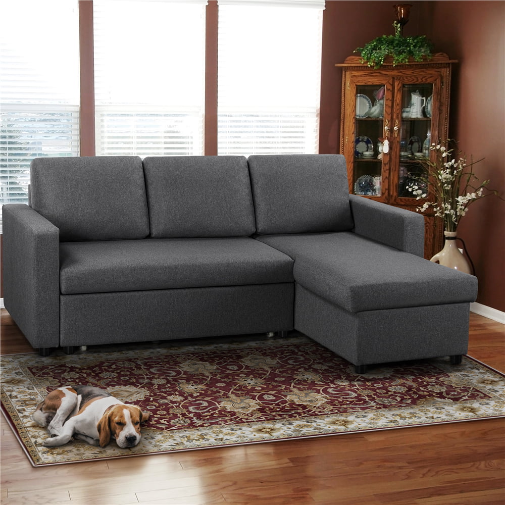 Yaheetech L-Shaped Reversible Sofa with Pull Out Bed & Storage For Limited Spaces, Dark Gray