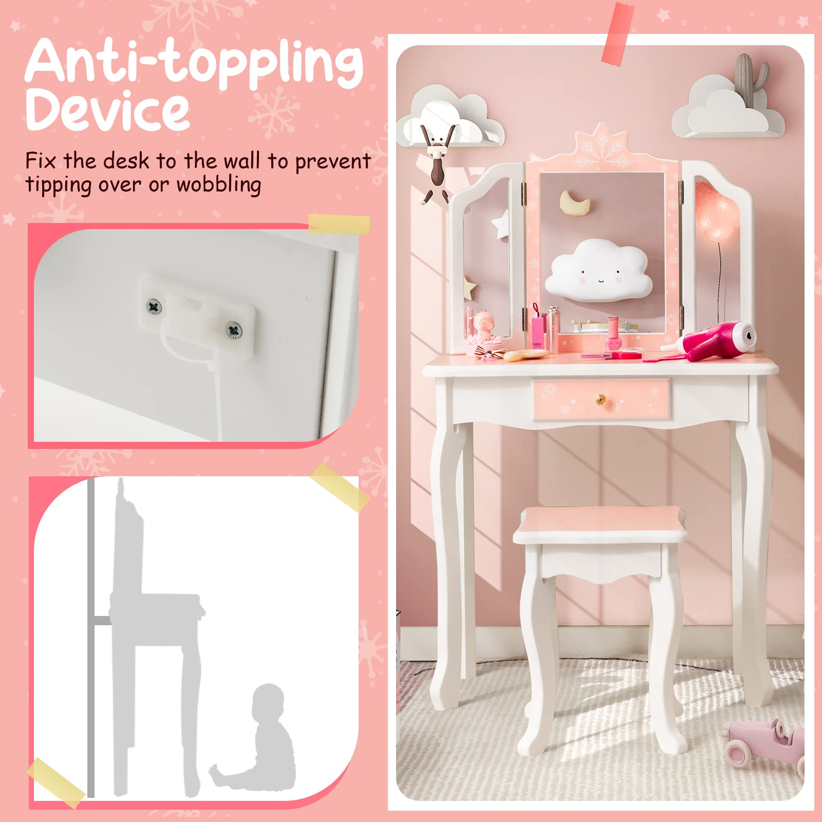 Costzon Kids Vanity Table and Chair Set, Girls Vanity Set with Mirror and Stool, Pretend Play Vanity Set for Little Girls