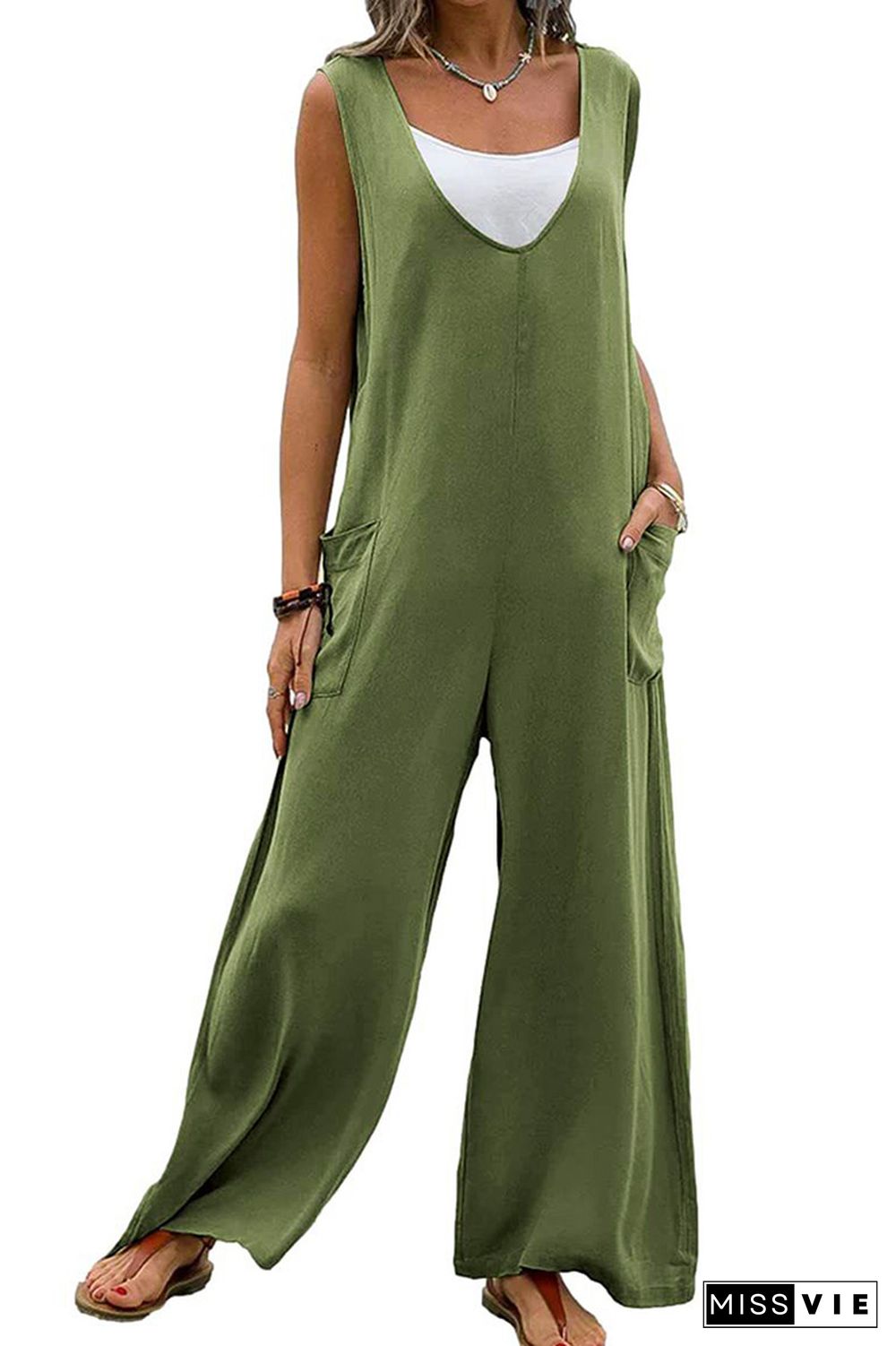 Plain V Neck Pockets Sleeveless Jumpsuit