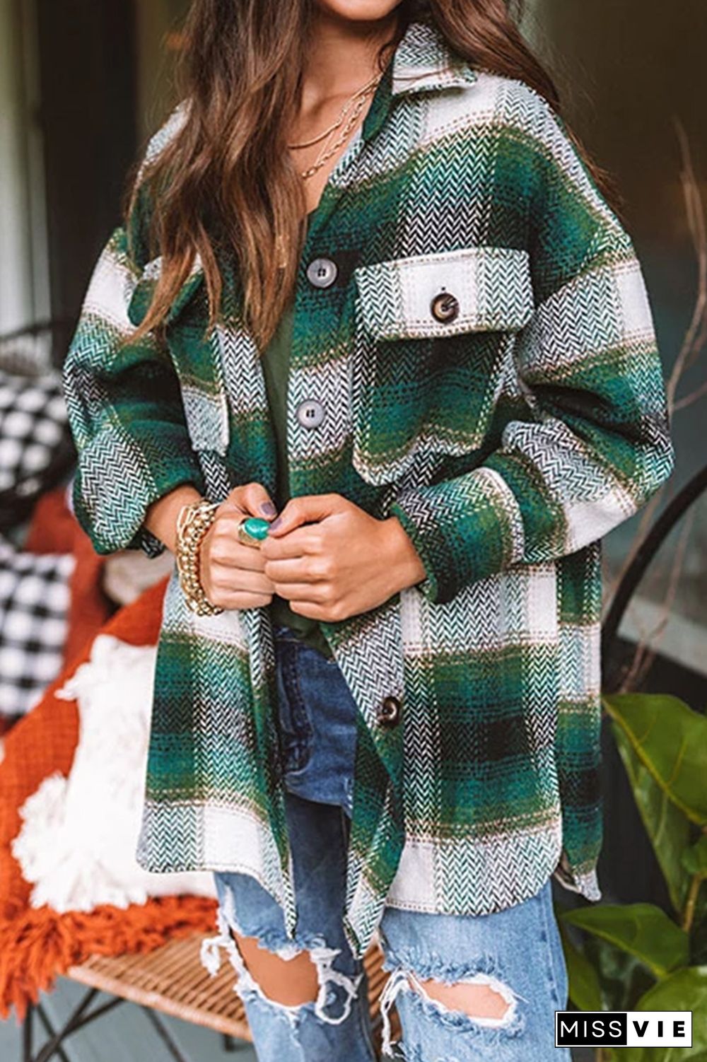 Plaid Pocket Open Button Jackets