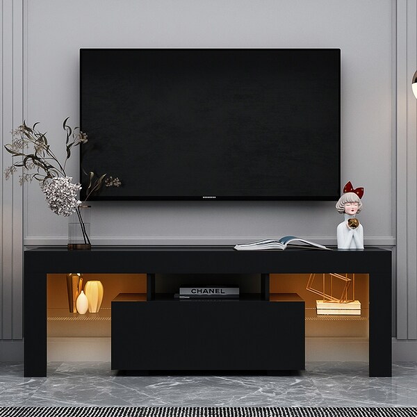 Modern Black Wood TV Stand with LED Lights