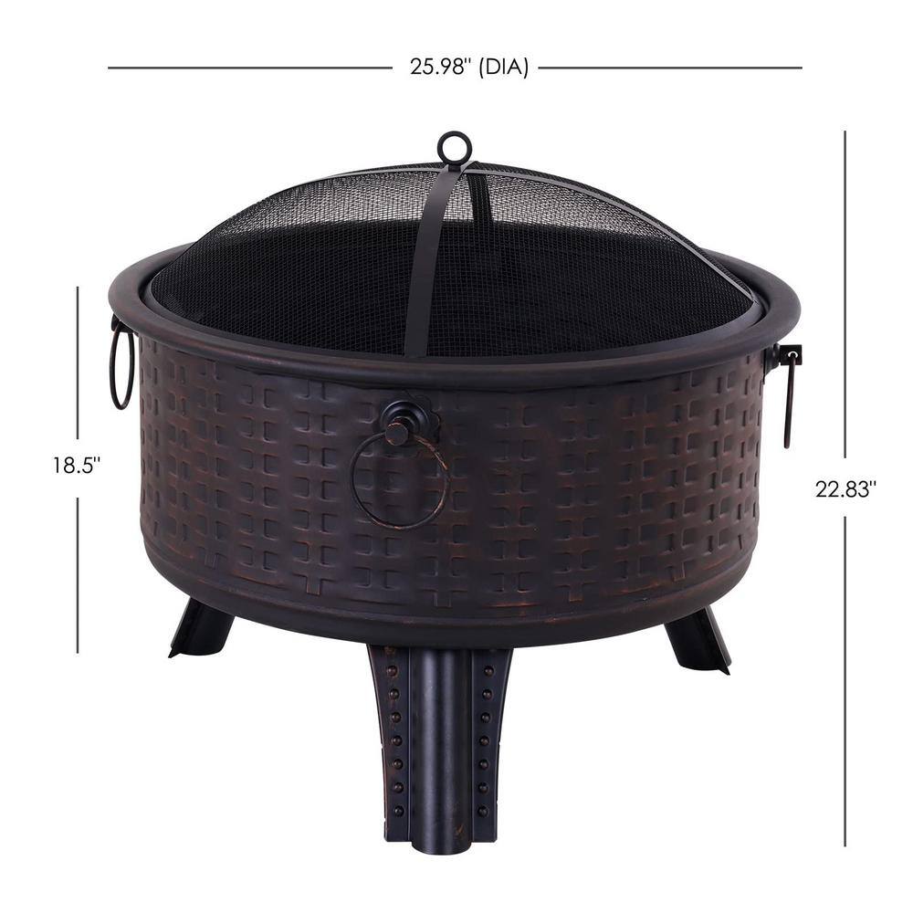 Wildaven 26 in. x 23 in. Outdoor Round Wood Burning Fire Pit with Wire Mesh Cover and Poker ZYHWKN220621003