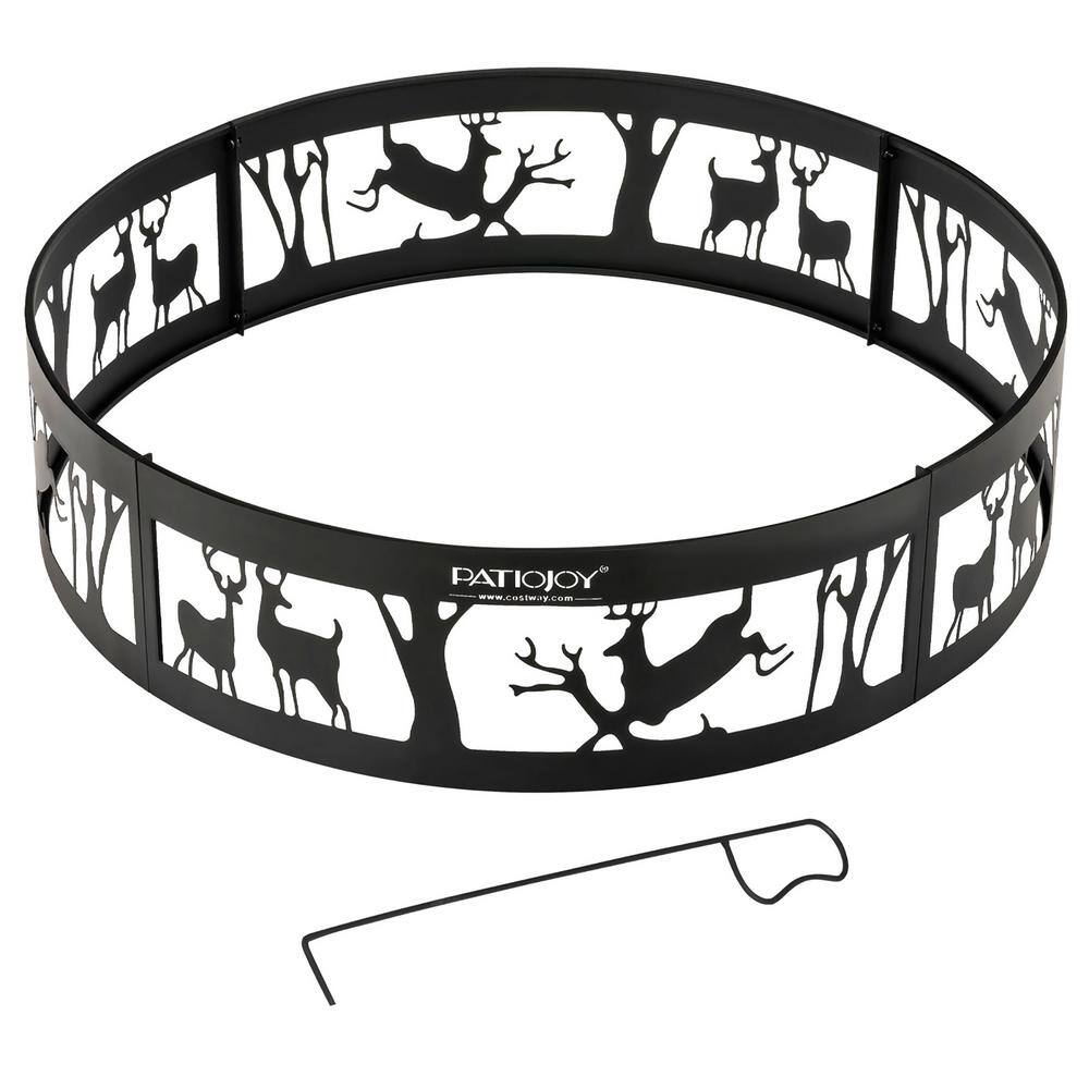 Costway 36 in. x 9 in. Round Metal Fire Pit Black Ring Deer with Extra Poker Bonfire Liner for Campfire OP70842