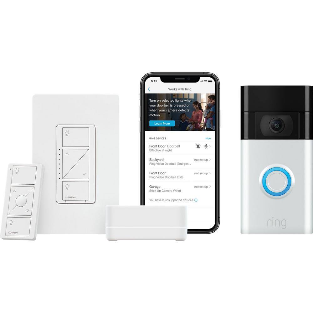 Lutron Caseta Smart Dimmer Switch Starter Kit with Ring 1080p Smart Video Doorbell Camera (2020 Release) (PRBDG-PKG1W) PRBDG-PKG1W