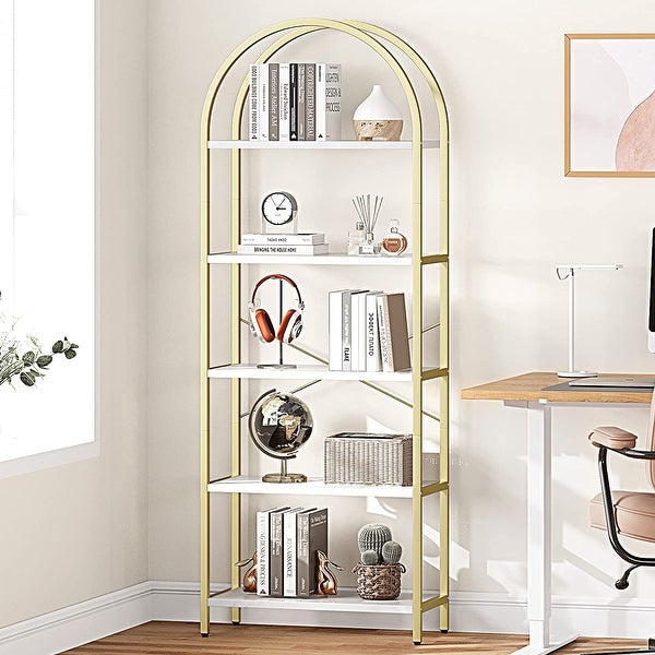 Bookshelf 5 Tier Bookcase Arched Display Racks Tall Standing Bookshelves Mental Frame Modern Storage Rack