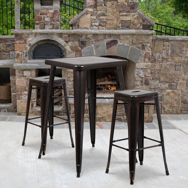 Square Metal Indoor outdoor Bar Table Set With 2 Square Seat Backless Stools