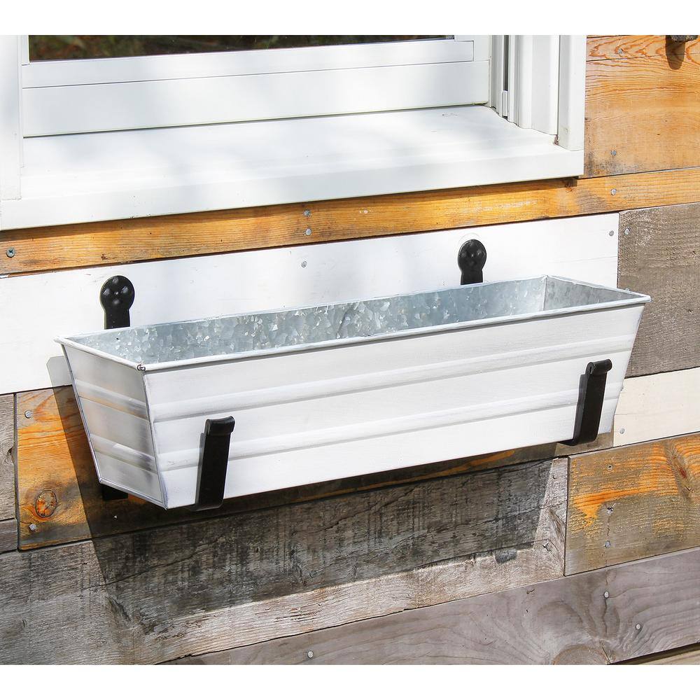 ACHLA DESIGNS 22 in. W Cape Cod White Small Galvanized Steel Flower Box Planter With Wall Brackets C08W-WM