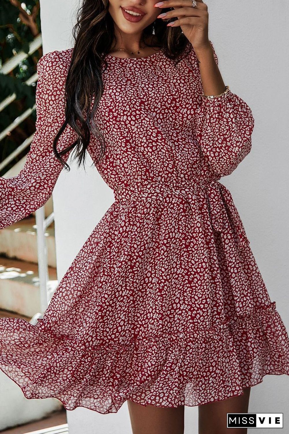 Lace-Up Floral Printed Ruffle Dress